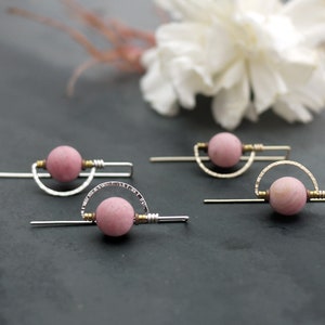 Pink Stone Earrings, Gold Filled Half Moon Earrings, Drop Earrings, Pink Rhodonite Threaders image 5