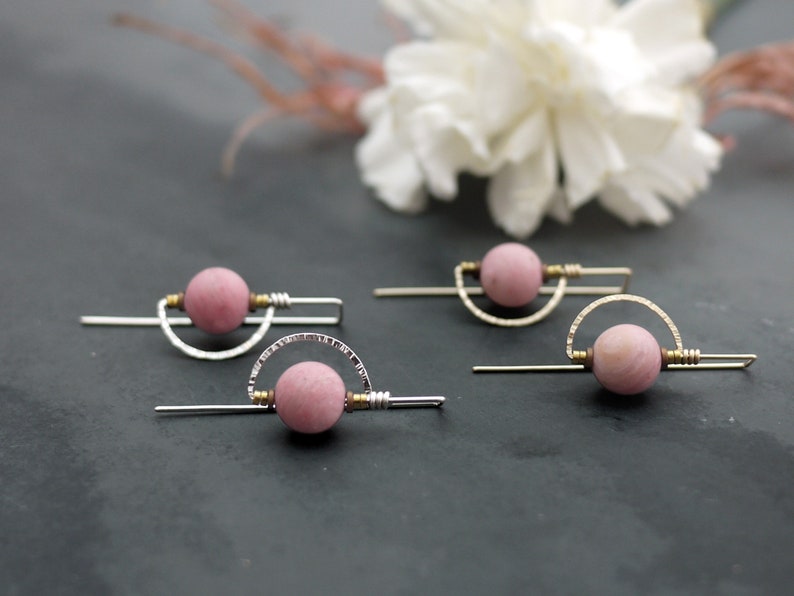 Pink Stone Earrings, Gold Filled Half Moon Earrings, Drop Earrings, Pink Rhodonite Threaders image 5