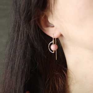 Pink Stone Earrings, Gold Filled Half Moon Earrings, Drop Earrings, Pink Rhodonite Threaders image 3