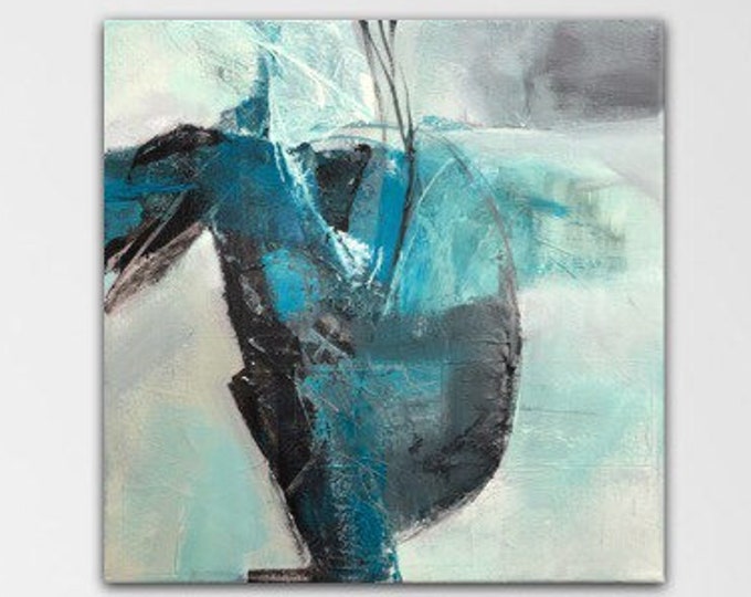 Emerging. Acrylic Abstract Original Art Modern Contemporary Painting grey turquoise black. Detour series.