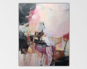 Masked Out. Original Expressionism Abstract Painting contemporary art. Pale pink. ivory. Black. Suspension series.