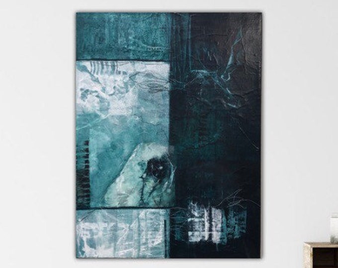 Malachite III. Original Mixed media Expressionism Abstract Painting Modern art Black green ivory. Remnants series.