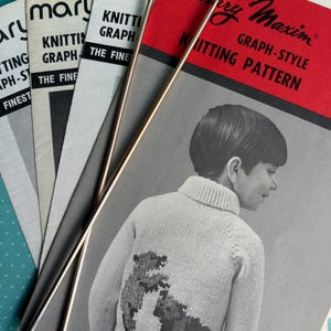Original 1950s Mary Maxim Canadian, Graph Style, Knitting Patterns for Children's Cardigans in Excellent Designs, Choice of Four, Bulky Knit