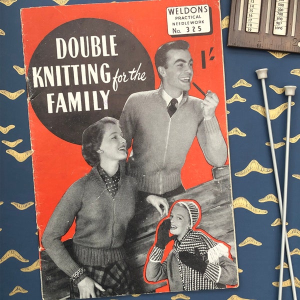 Double Knitting for the Family, 1940s Knitting Original Pattern Book, Weldons Practical Needlework 325, Vintage Sweater Hat Scarf Waistcoat