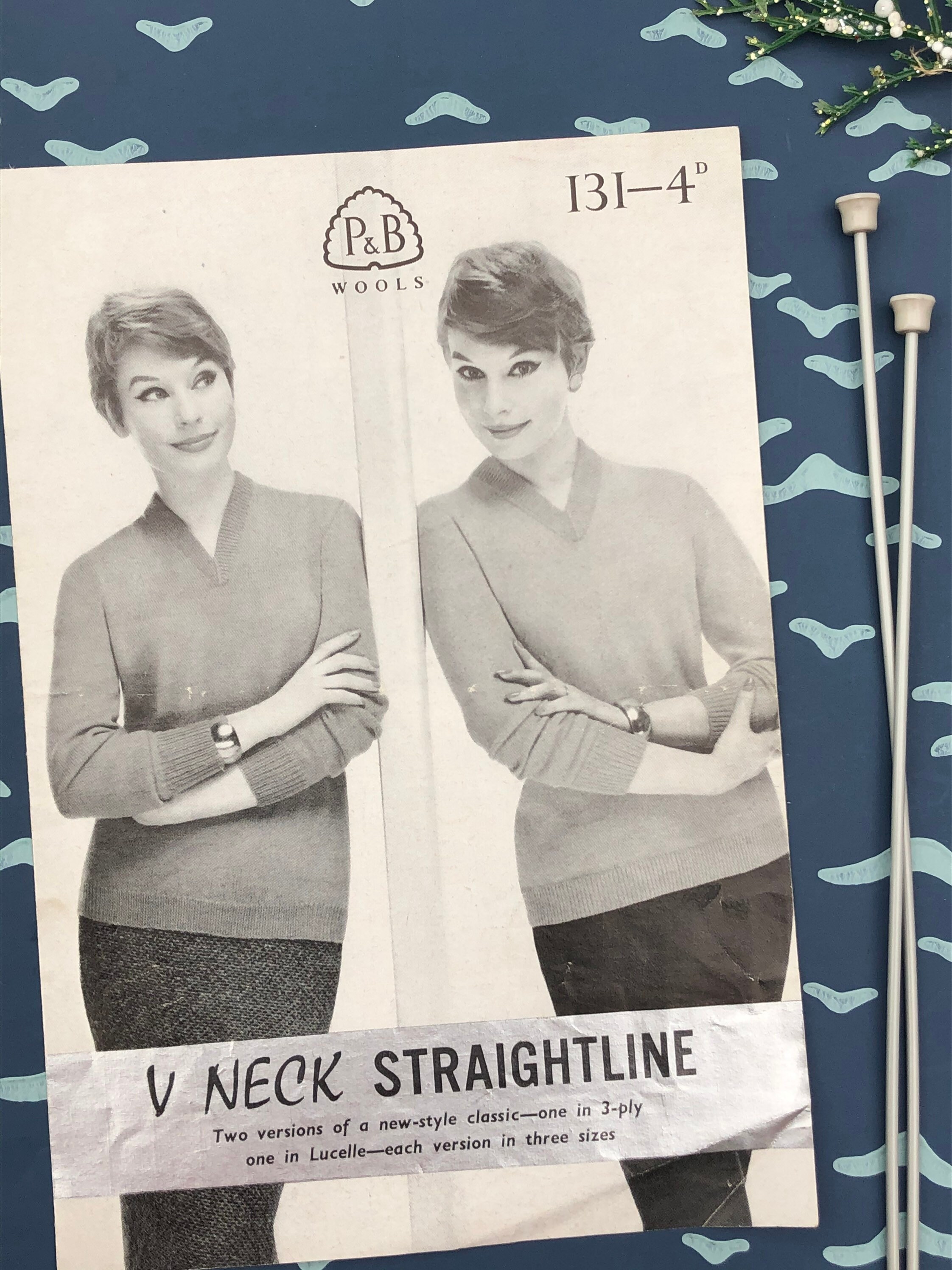 Original vintage 1950s knitting pattern, P&B Wools 131 V neck straightline sweater pattern, vintage jumper pattern