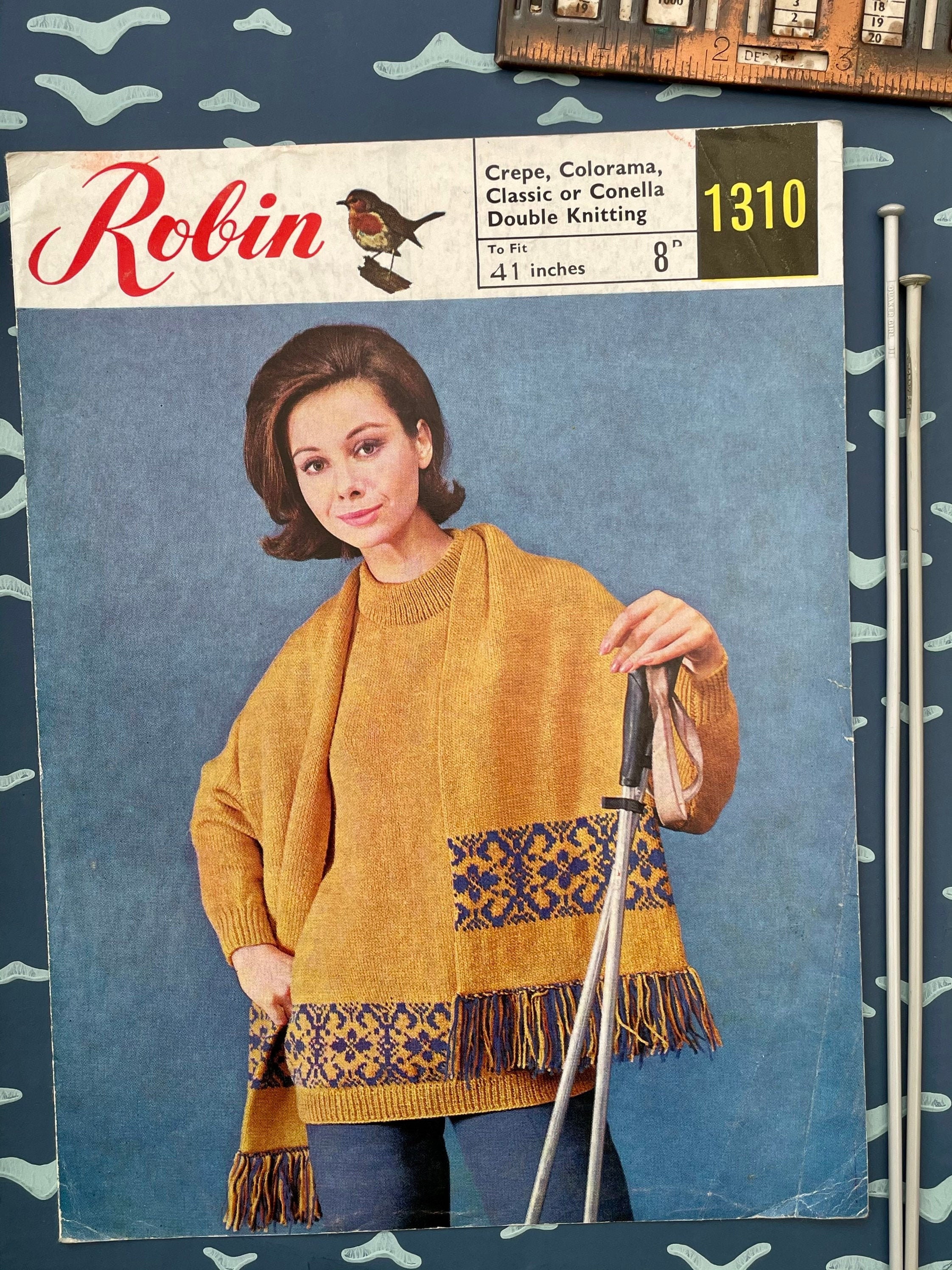 1960s Sports Sweater and Scarf Knitting Pattern, with Fair Isle Bands. 41" Bust; Vintage Robin 1310