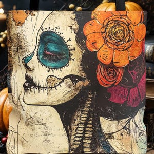 Ofrenda de Silencio Tote Bag - Día de los Muertos Sugar Skull Woman - Perfil lateral de Calavera Floral - Bolsa de lona gótica vintage