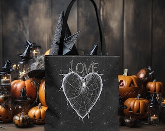 Bolso tote con diseño de telaraña - Bolso tote gótico negro con diseño de telaraña • Bolso de mercado de bruja para Halloween • Accesorio espeluznante para el día a día