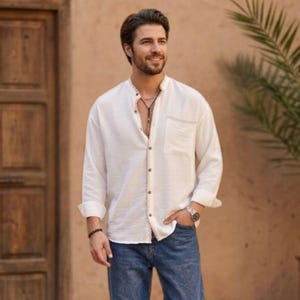 Men's Oversize White Linen Shirt | Trendy Crochet Cotton Linen Long Sleeve Bohemian Style