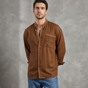 Men's Oversize Brown Linen Shirt | Bohemian Crochet Cotton Long Sleeve Tee