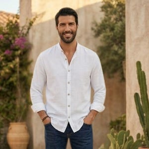 Oversize White Muslin Shirt with Mandarin Collar - Unique Casual Long Sleeve Top