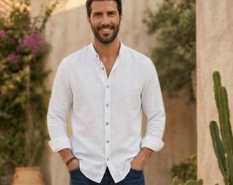 Oversize White Muslin Shirt with Mandarin Collar - Unique Casual Long Sleeve Top