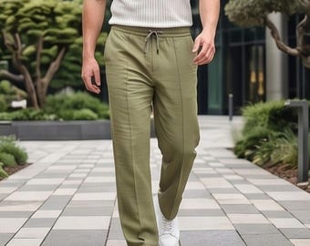 Men's Relaxed Fit Cotton Linen Trousers, Straight Leg Linen Pants for Men, Breathable Summer Casual Trousers