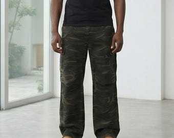 Mens Cargo Pants, Camo Utility Trousers, Wide Leg, Plus Size Camouflage Pants with Multi Pockets, Cotton Blend Loose Fit Fatigue Pants