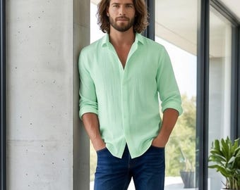 Men's Full Size Button Up Long Sleeve Shirt, Plus Size Casual Shirt, Lightweight Cotton Button Down Shirt for Men