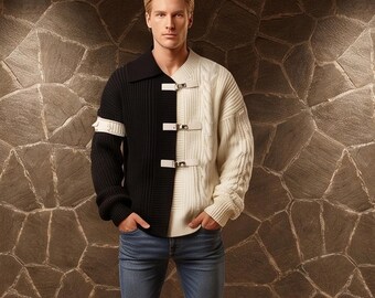 Könnte beinhalten: Ein zweifarbiger Pullover mit einer schwarzen Seite aus Rippstrick und einer weißen Seite aus Zopfmuster, der mit drei weißen Schnallenriemen in der Mitte verschlossen wird. Der Pullover hat ein weißes Riemendetail am rechten Ärmel, kombiniert mit blauen Jeans und roten Turnschuhen.
