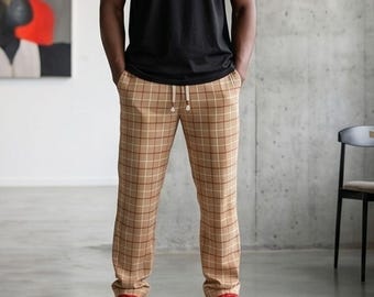 Trendy Cotton Linen Pants with Elastic Waist, Casual Plaid Trousers, Loose Fit Pants for Men