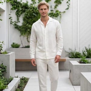 Relaxed Fit Men's Linen-Look Shirt and Trousers Suit, 100% Cotton Casual Two Piece Set, Comfortable Summer Co-ord Outfit for Men