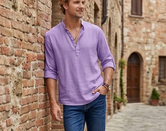 Men's Casual Roll Up Sleeve Henley Shirt - Plus Size Cotton Top for Beach & Summer Style