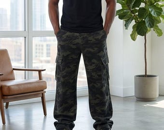 Men's Relaxed Fit Cargo Pants, Camo Cargo Pants, Camouflage Streetwear Trousers, Men's Casual Utility Pants with Pockets