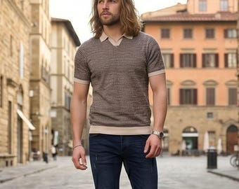 Mens Knit Polo Style T-Shirt, Trendy Summer Outfit, Regular Fit Short Sleeve Polo Collar Knitwear for Men, Casual Dyed Yarn Summer Top