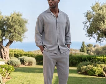 Men's Linen Suit Set - Relaxed Fit Shirt & Pants for Easy Summer Style