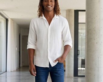 Casual Men's Full Size Long Sleeve Button Down Shirt | Lightweight Cotton White