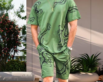 Men's Patterned Cotton Shirt & Shorts Set: Summer Casual Style