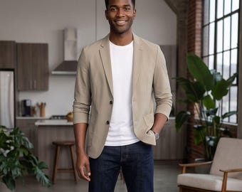 Men's Button Up Long Sleeve Blazer, 100% Cotton Casual Sport Coat, Minimalist Lightweight Jacket for Men