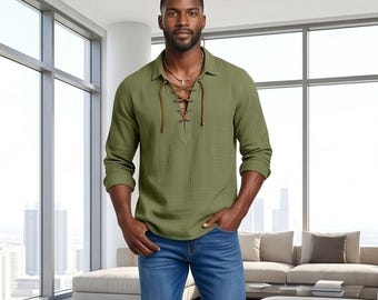 Mens Lace Up Shirt, Vintage Cotton Shirt, Viking Tunic Men, Renaissance Medieval Blouse, Casual Long Sleeve Plus Size Top, Gift for Him