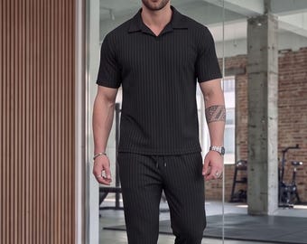 Men's 2 Piece Shirt Set, Ribbed Shirt & Pants Outfit, T-Shirt and Pants Set, Elegant Matching Outfit