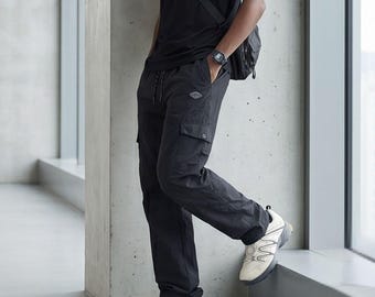 Trendy Streetwear Pants, Plus Size Relaxed Fit Cargo, Lightweight Mens Cargo Pants with Drawstring