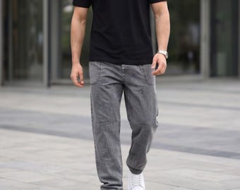 Breathable Men's 100% Linen Pants, Relaxed Fit Wide Leg Trousers for Summer Comfort