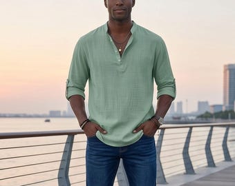 Breathable Cotton Henley Shirt for Men - Roll Up Sleeve Casual Top, Plus Size Summer Fashion