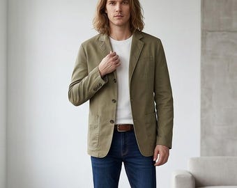 Men's Plus Size Lapel Collar Button Up Blazer - Cotton Lightweight Casual Jacket - Loose Fit Outwear Coat
