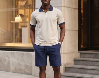 Cotton Men's Short Set, Polo Collar T-Shirt and Shorts, Casual Two Piece Summer Outfit for Men