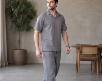 Unique 2 Piece Summer Suit: Men's Polo Collar Shirt & Bottom Set for Casual Wear