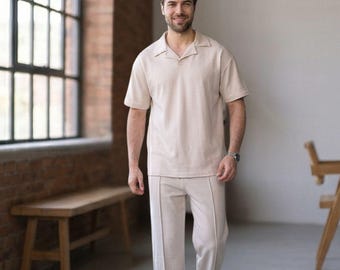 Men's Polo Collar Shirt & Bottom Set - 2 Piece Summer Suit for Everyday Comfort