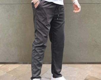 Pantalon homme coupe droite en coton mélangé : pantalon d'été coupe décontractée