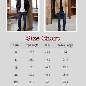 The image is a size chart for men's clothing, displaying the measurements for various top, bust, and sleeve lengths.