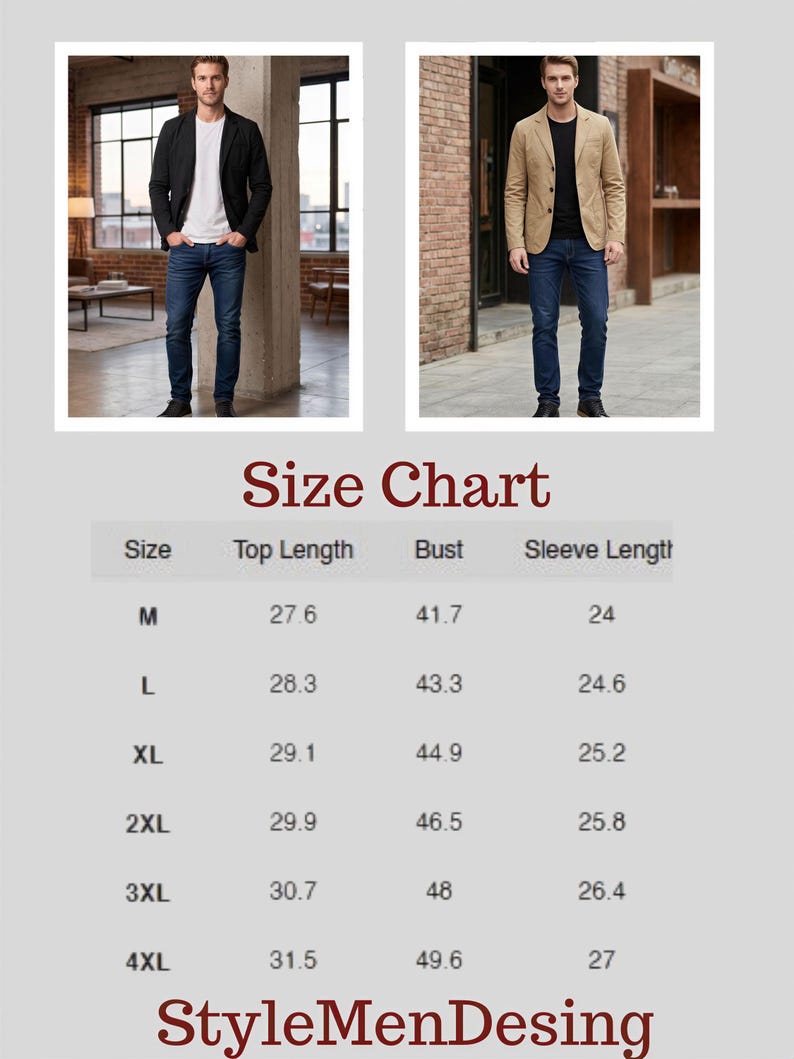 The image is a size chart for men's clothing, displaying the measurements for various top, bust, and sleeve lengths.