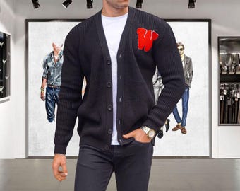 Embroidered Knit Cardigan for Men: Acrylic Cotton Blend Winter Wear