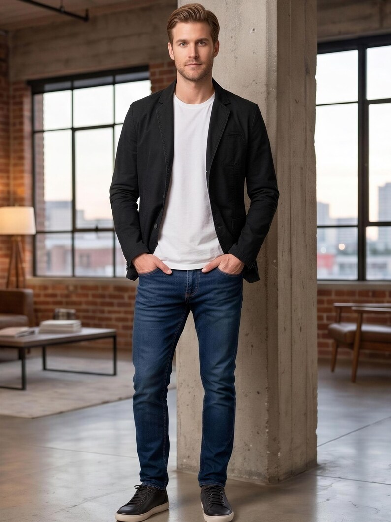 A man wearing a black blazer, white t-shirt, and blue jeans stands in a room with large windows, looking directly at the camera.