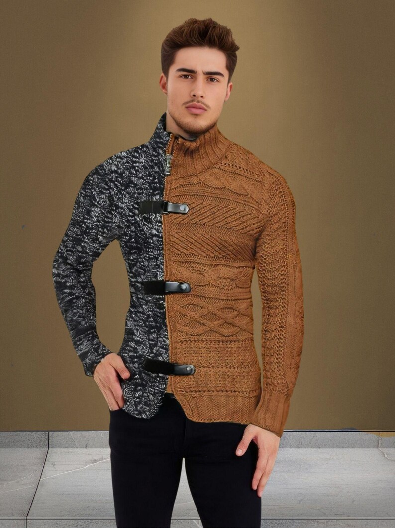 Men's Leather Button Long Sleeve Knitted Cardigan Jacket main image 1