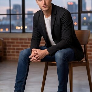 A man in a black blazer and jeans sits on a wooden chair, gazing directly at the camera with a serious expression.