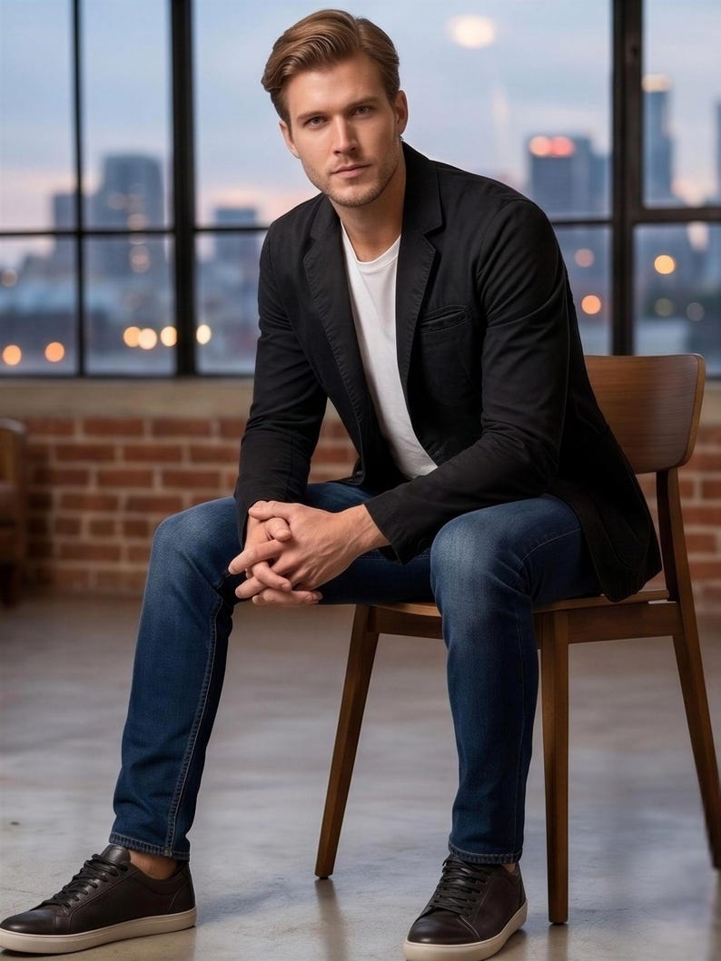 A man in a black blazer and jeans sits on a wooden chair, gazing directly at the camera with a serious expression.