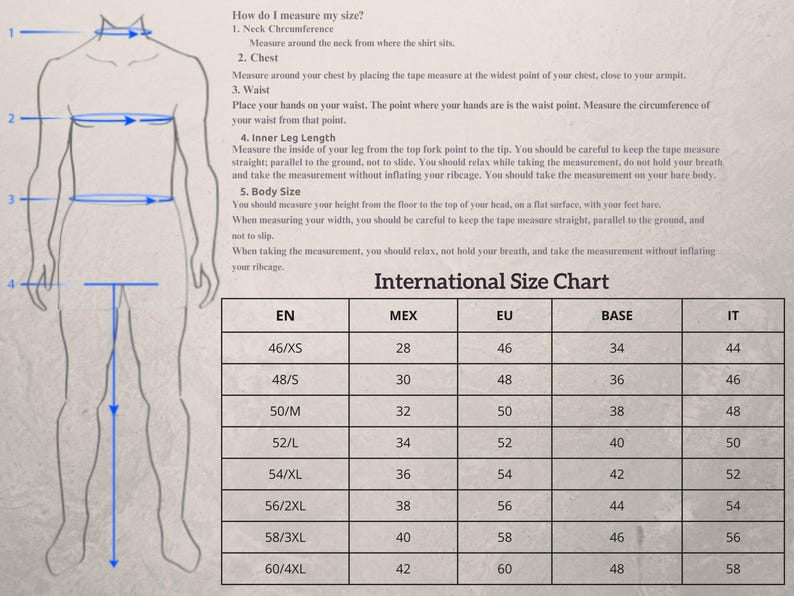 May include: International size chart for clothing with measurements in inches for US, UK, EU, Mexico, and Italy. The chart shows the corresponding sizes for each country.