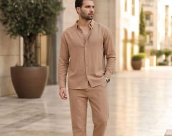 Men's Cotton Two-Piece Suit Set: Casual Shirt & Trousers