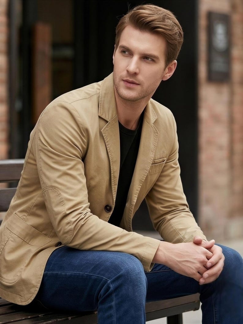 A man in a tan jacket sits on a bench, looking thoughtful.