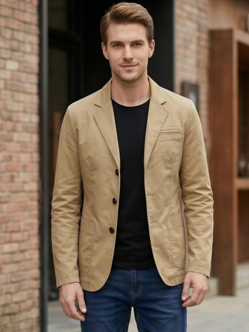 A man wearing a tan blazer jacket, black shirt, and blue jeans stands in front of a brick building.